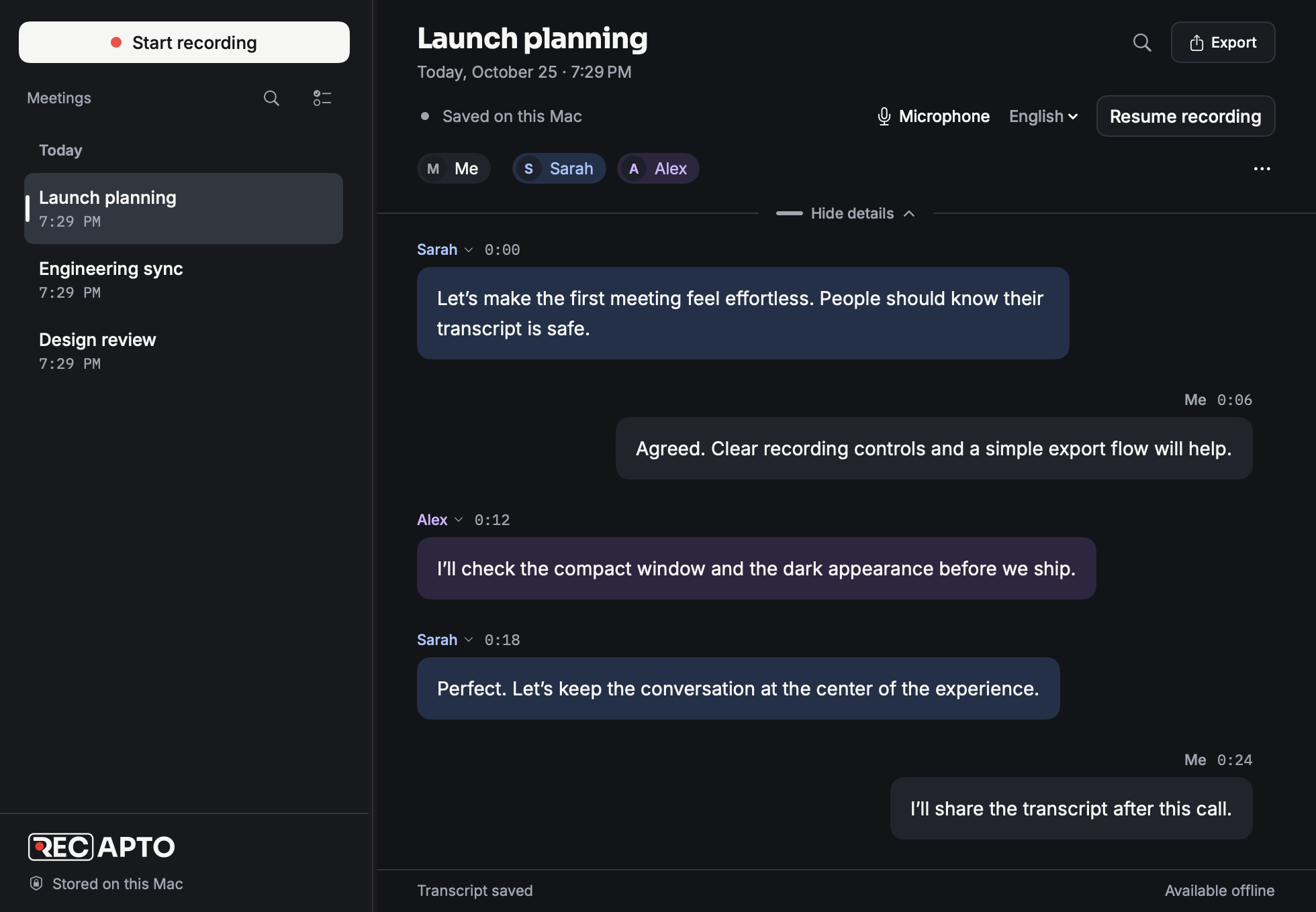 The same sample meeting in Recapto’s dark appearance, with distinct speaker colors and a locally saved transcript.