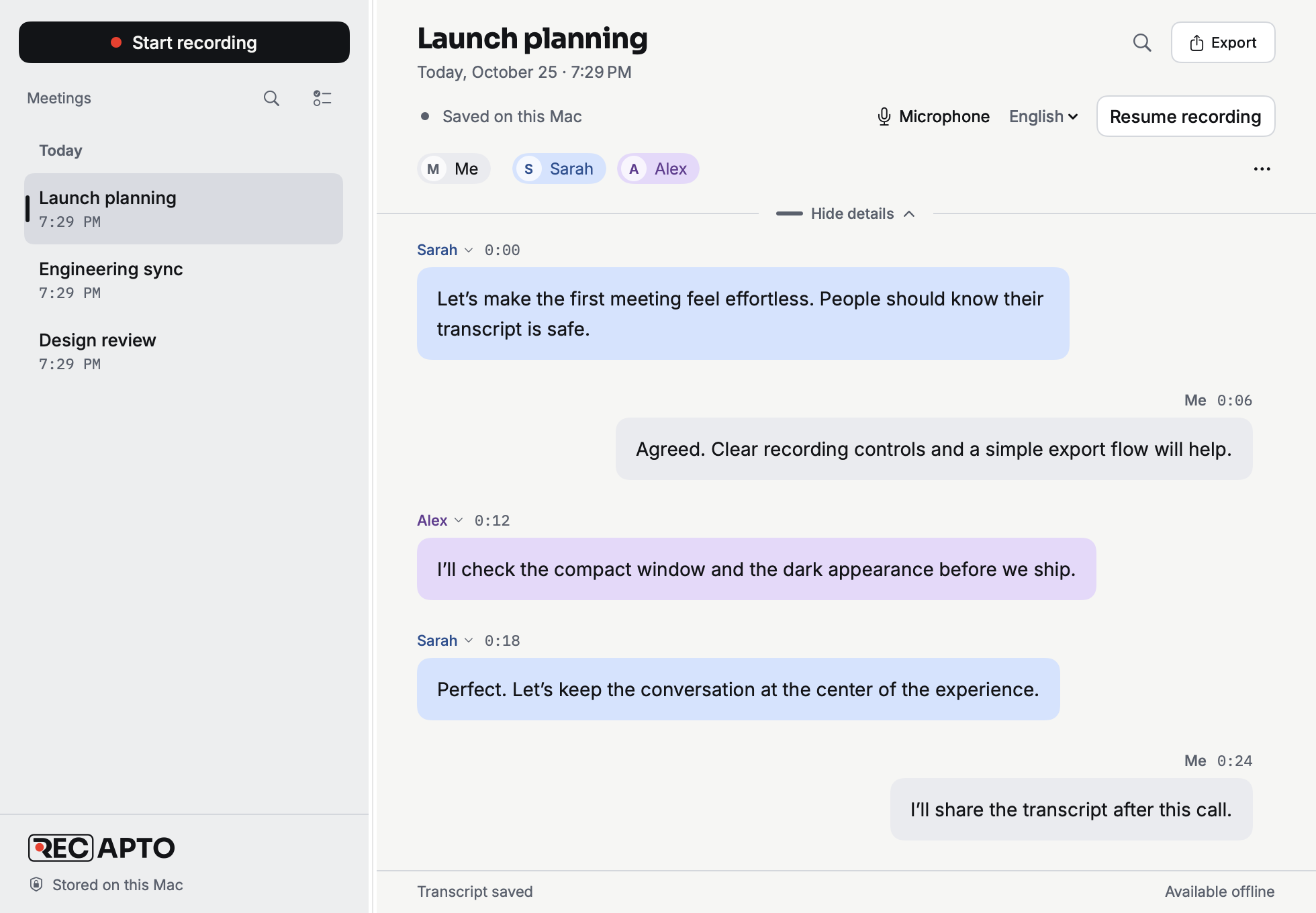Recapto in light appearance: a saved Launch planning meeting with a meeting library, separate Me, Sarah and Alex turns, transcript search and export.